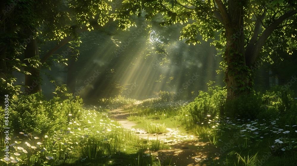 Obraz premium A tranquil forest path with dappled sunlight.