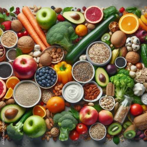 A realistic  4K  and detailed display of a diverse selection of healthy foods including a variety of fruits  vegetables  seeds  superfoods  and cereals.