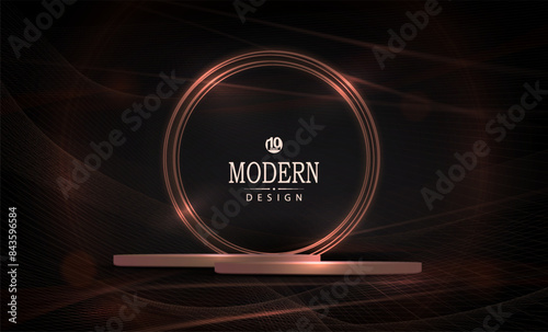 Composition with a round sparkling frame, podium and wavy mesh pattern.