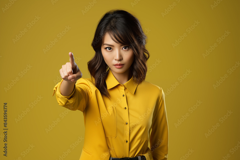 A Woman In A Yellow Shirt Pointing To Something On An Isolated Background A Woman In A Yellow Shirt Pointing To Something On An Isolated Background
