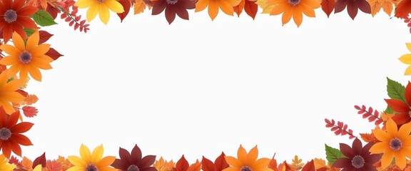 Autumn flowers and leaves yellow red brown, frame, pattern, copy space, banner.