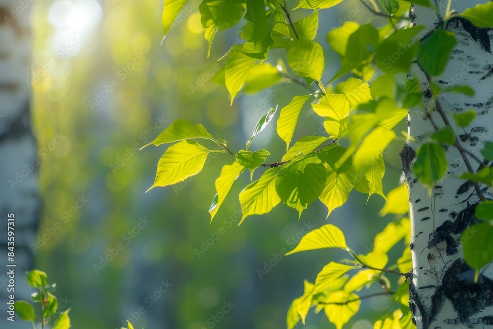 Obraz premium Fresh Green Leaves of a Birch Tree Branch in Sunlight background