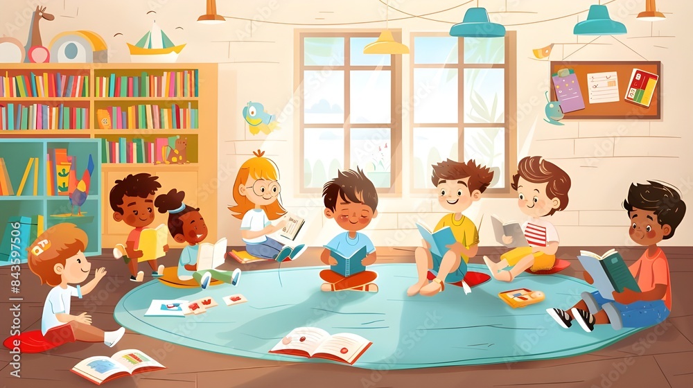 Children, kindergarten and reading book in classroom, childhood development and growth for vocabulary in school. Listening, knowledge and information with storybook, learning and fantasy for friends