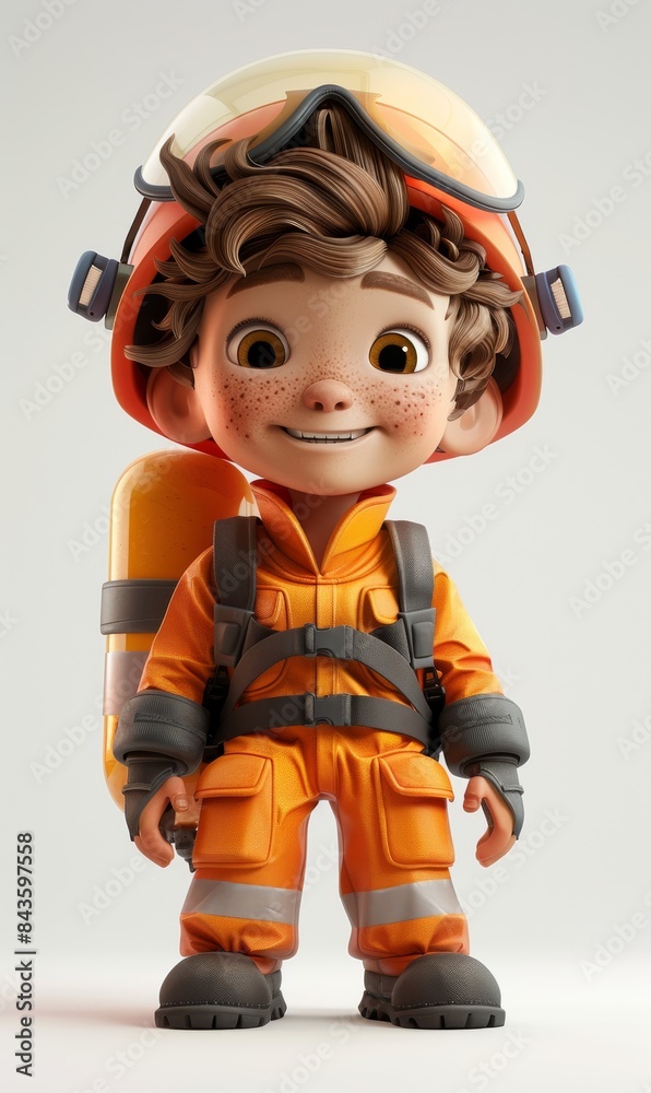 A cartoon character in an orange outfit with a yellow helmet and a backpack A cartoon character in an orange outfit with a yellow helmet and a backpack