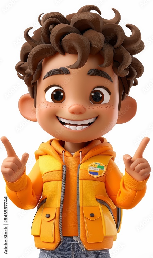 A cartoon boy with a yellow jacket and brown hair is smiling A cartoon boy with a yellow jacket and brown hair is smiling