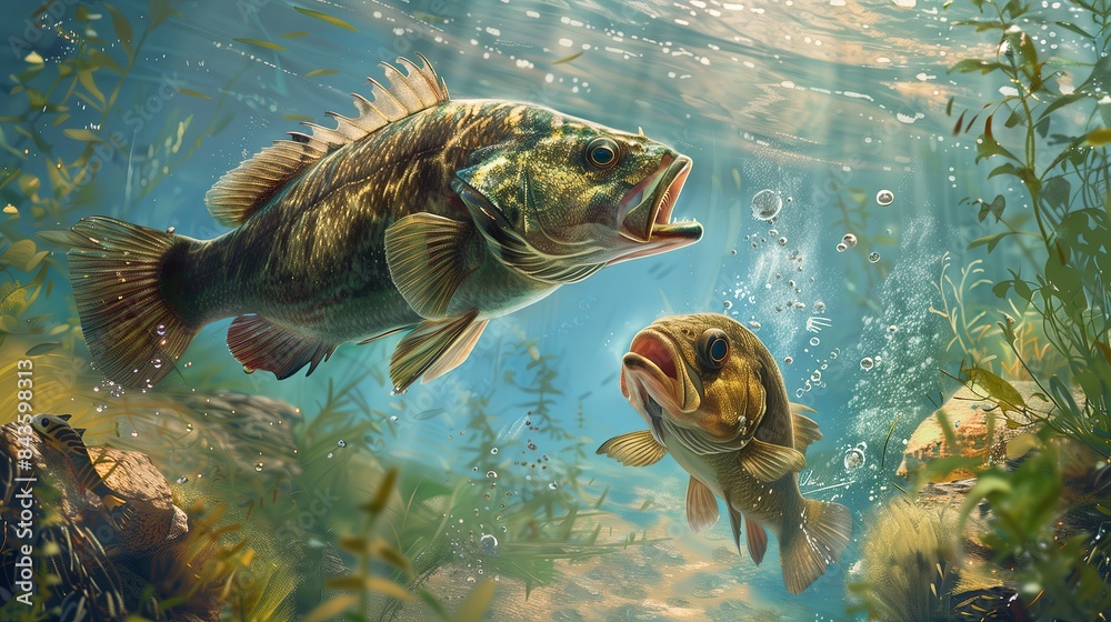 Obraz premium Underwater scene of various freshwater fishes swimming in a lake, showcasing their natural habitat and behavior.