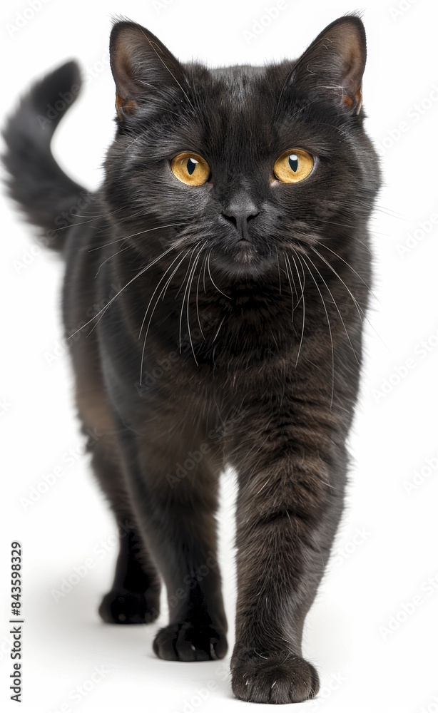 Bombay cat with yellow eyes walks across a white background Bombay cat with yellow eyes walks across a white background