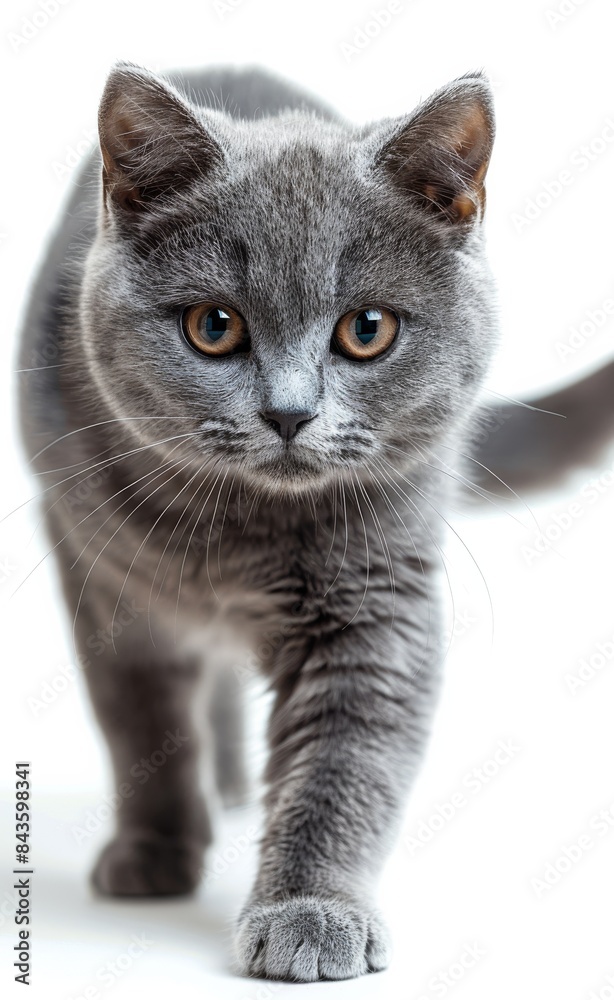 British Shorthair cat with yellow eyes walks across a white background British Shorthair cat with yellow eyes walks across a white background
