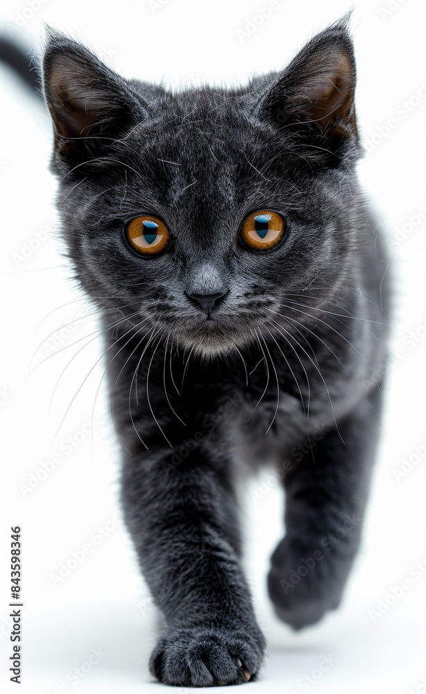 Obraz premium British Shorthair cat with yellow eyes walks across a white background