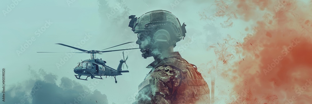 Fototapeta premium Military Soldier in Combat Gear with Helicopter in Background and Smoke Clouds - Dramatic War Scene with Modern Warfare Elements