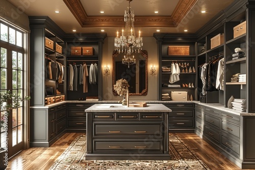 Chic Walk-In Closet A luxurious walk-in closet with built-in shelving, a central island, and a chandelier. Include a full-length mirror and neatly arranged shoes and handbags. photo