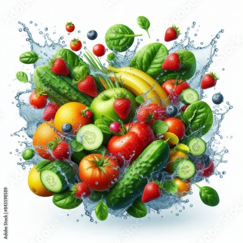 Realistic  4K  detailed image of fresh multi-colored fruits and vegetables splashing into clear blue water. The vibrant produce  including apples  oranges  carrots  and leafy greens