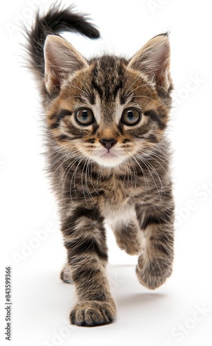 Pixie-bob cat with long fur walks on a white background