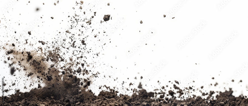 Dynamic Explosion of Soil Particles Against a White Background Capturing the Energy and Motion of Earth in Mid-Air Dynamic Explosion of Soil Particles Against a White Background Capturing the Energy and Motion of Earth in Mid-Air
