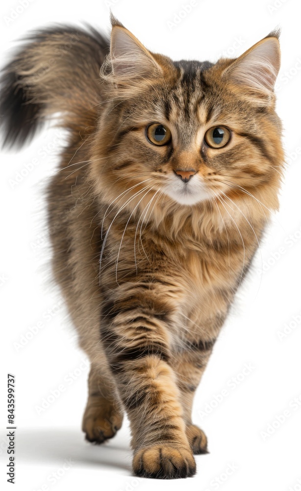 Siberian cat with long fur walks on a white background