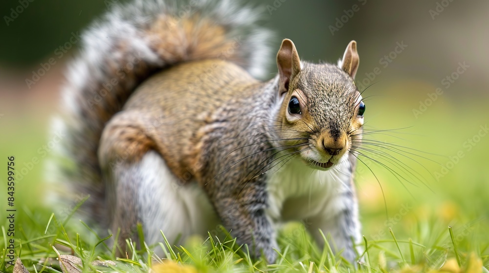 close up of a grey squirrel on a grassy field . Generative Ai close up of a grey squirrel on a grassy field . Generative Ai