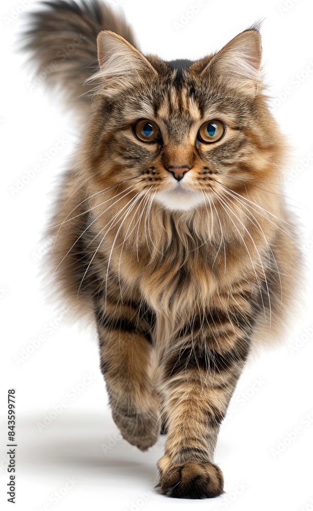 Obraz premium Siberian cat with long fur walks on a white background