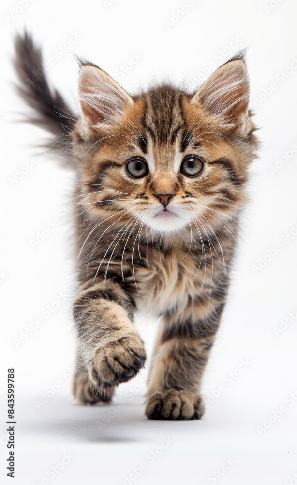 Siberian cat with long fur walks on a white background Siberian cat with long fur walks on a white background