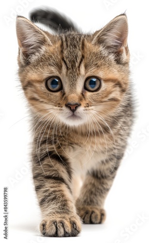 A kitten with blue eyes is walking on a white background