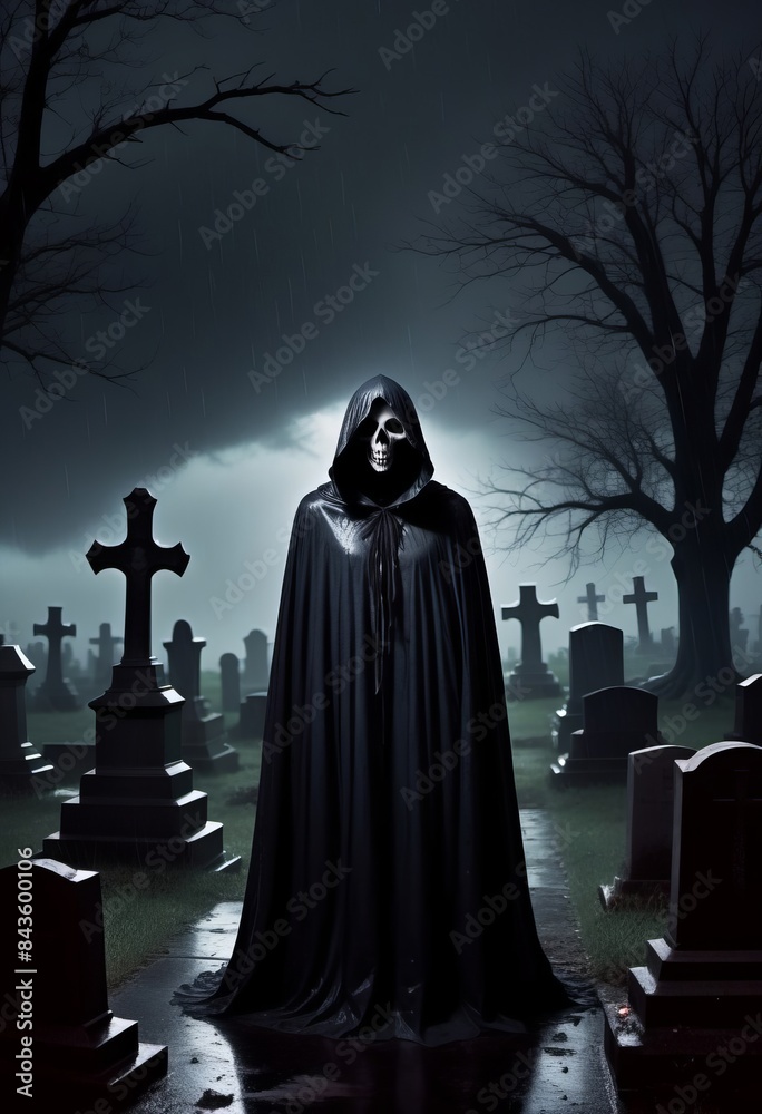 A scary figure in a black cloak, a ghost, in dark foggy cemetery. Halloween concept poster. A scary figure in a black cloak, a ghost, in dark foggy cemetery. Halloween concept poster.