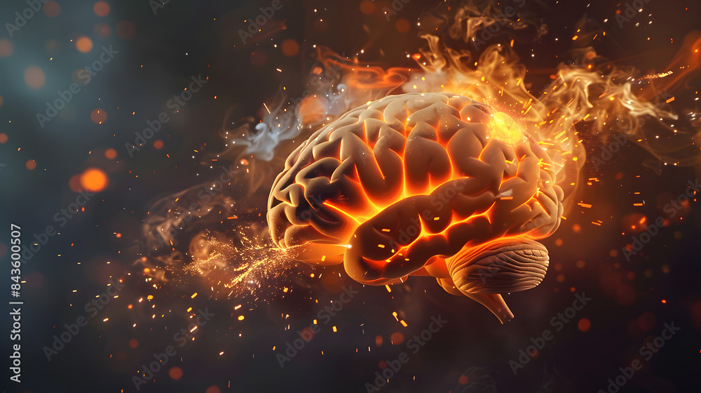 Fototapeta premium A brain hovering with orange sparks flying out from it.