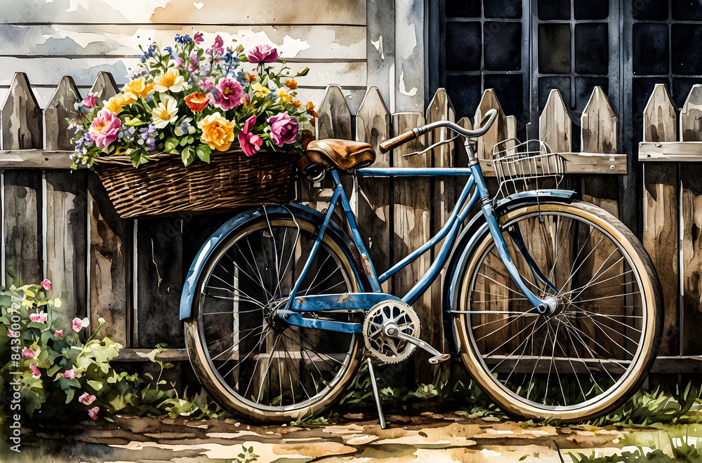 A vintage bicycle leaning against a wooden fence, adorned with a basket of fresh flowers vector art illustration generative AI image.
