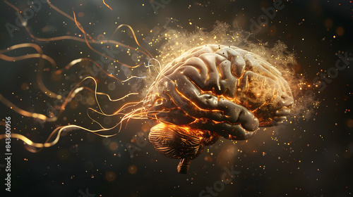 A brain suspended in midair with golden threads radiating from it.  photo