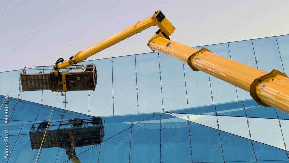 Cleaner worker using a cherry picker to clean a glas facade of a contemporary office building
