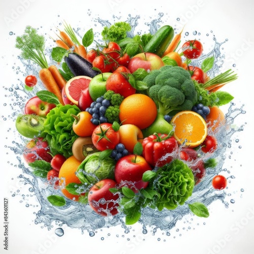 Realistic  4K  detailed image of fresh multi-colored fruits and vegetables splashing into clear blue water. The vibrant produce  including apples  oranges  carrots  and leafy greens