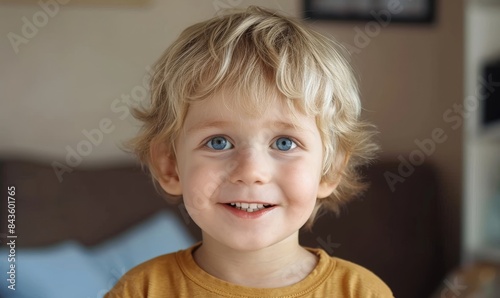 Adorable happy kid baby boy is looking to the camera. Baby looks around and then smiles and laughs. 4 year old fair-haired child with blue eyes smiles, Generative AI