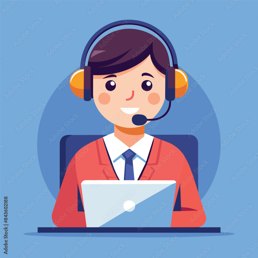 Office operator with headset talking with clients. Customer service, call center, hotline Office operator with headset talking with clients. Customer service, call center, hotline