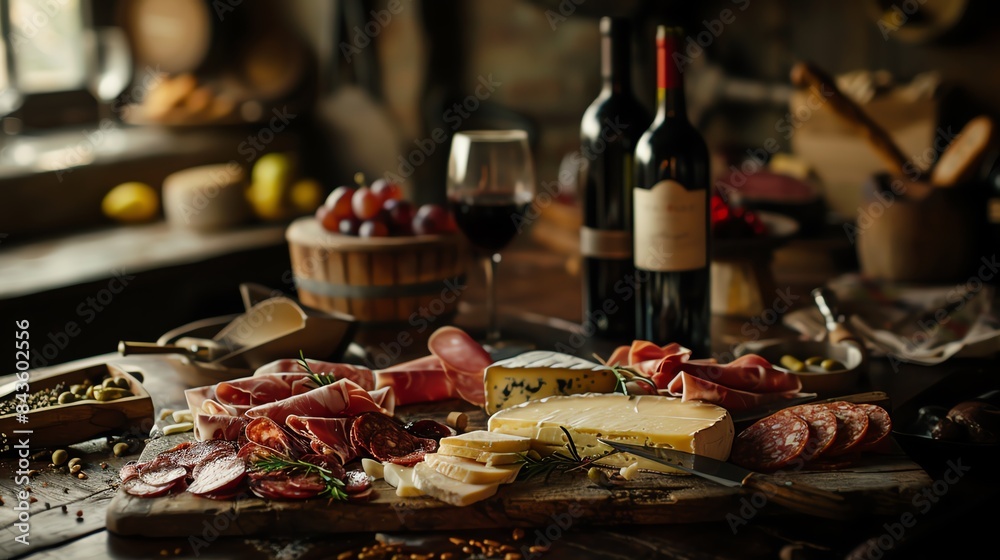 A rustic wooden table with a spread of cheeses, meats, and wine. A perfect setting for a cozy dinner party. A rustic wooden table with a spread of cheeses, meats, and wine. A perfect setting for a cozy dinner party.