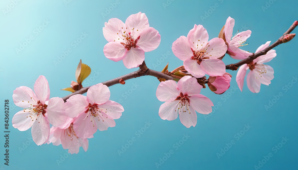 A close-up image of pink cherry blossoms blooming on a branch against a bright blue sky