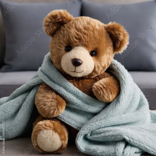 Teddy bear with a cup of coffee. A teddy bear with a scarf around his neck is sitting with a cup of coffee. AI generated © Inna