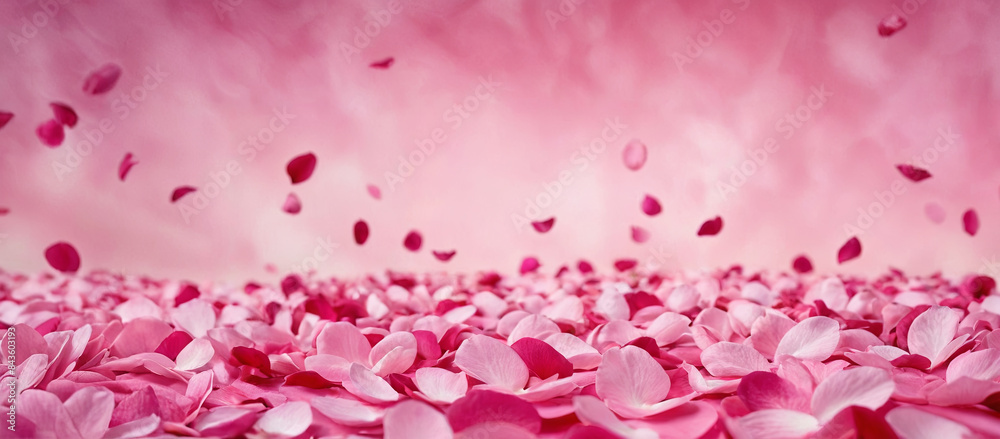 A field of pink rose petals with a soft pink background and some rose petals falling from the sky A field of pink rose petals with a soft pink background and some rose petals falling from the sky