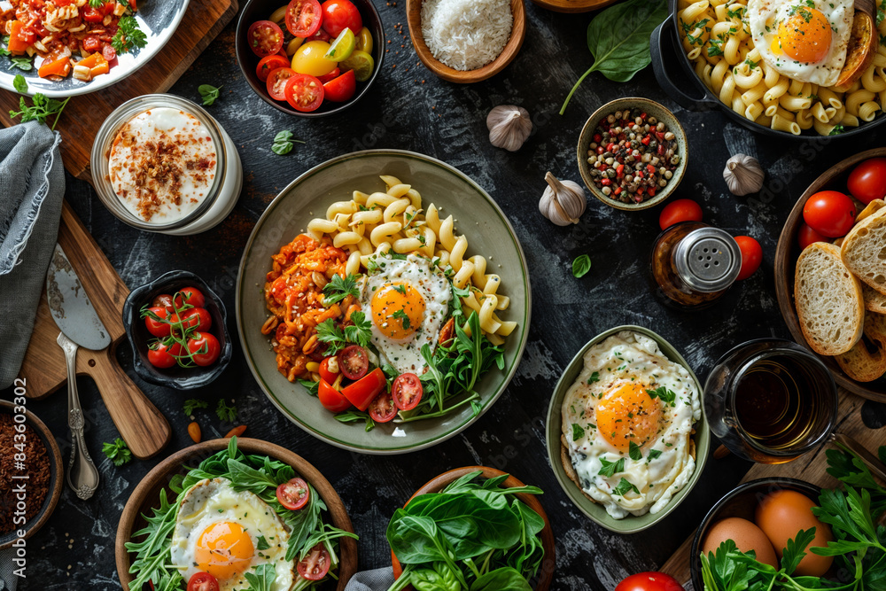 Top View of a Rustic Breakfast Spread Featuring Eggs, Pasta, Vegetables, and Various Ingredients on a Dark Background Top View of a Rustic Breakfast Spread Featuring Eggs, Pasta, Vegetables, and Various Ingredients on a Dark Background