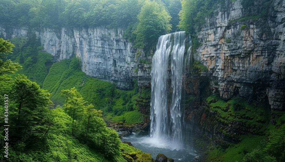 Spectacular waterfall pouring over a rugged cliff, the water creating a stunning display as it descends into a serene, forested valley Spectacular waterfall pouring over a rugged cliff, the water creating a stunning display as it descends into a serene, forested valley