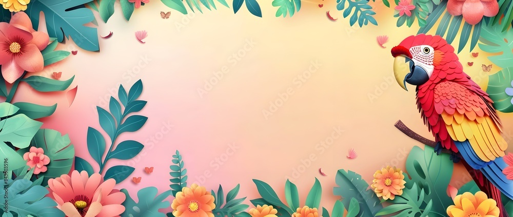 Cheerful Parrot in Floral Garden Frame with Blank Space for Mockup Design