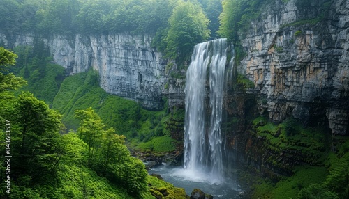 Spectacular waterfall pouring over a rugged cliff, the water creating a stunning display as it descends into a serene, forested valley