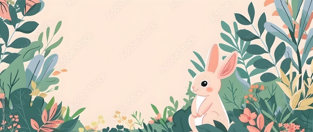 Cheerful Rabbit in Lush Garden Oasis with Decorative Page Border Design and Blank Space for Mockup Cheerful Rabbit in Lush Garden Oasis with Decorative Page Border Design and Blank Space for Mockup