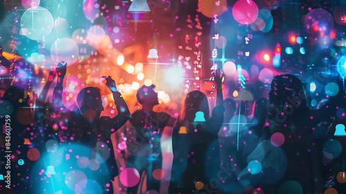 Silhouettes of people dancing and cheering at a concert with colorful lights and digital effects. photo