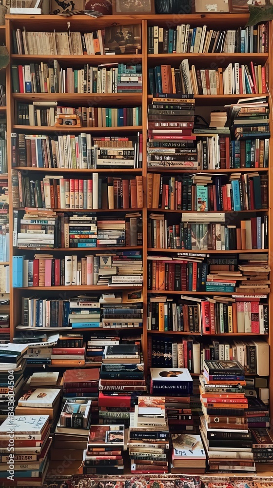 Wellstocked bookshelf overflowing with books, featuring a mix of colorful covers and various genres, creating a cozy and intellectual atmosphere Wellstocked bookshelf overflowing with books, featuring a mix of colorful covers and various genres, creating a cozy and intellectual atmosphere