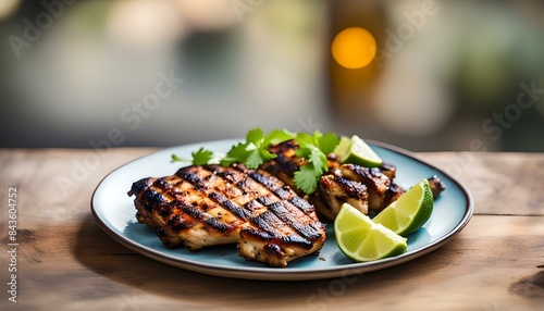 Homemade Grilled Jerk Chicken with Lime on a Plate, side view. Copy space. 