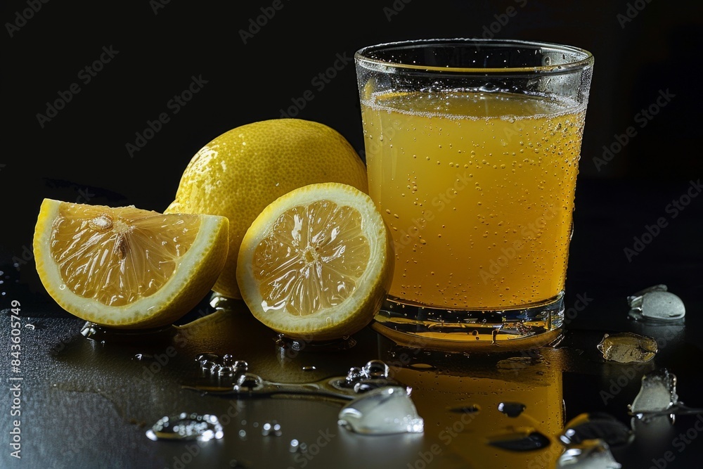 Glass of Lemonade with Lemons and Ice Cubes