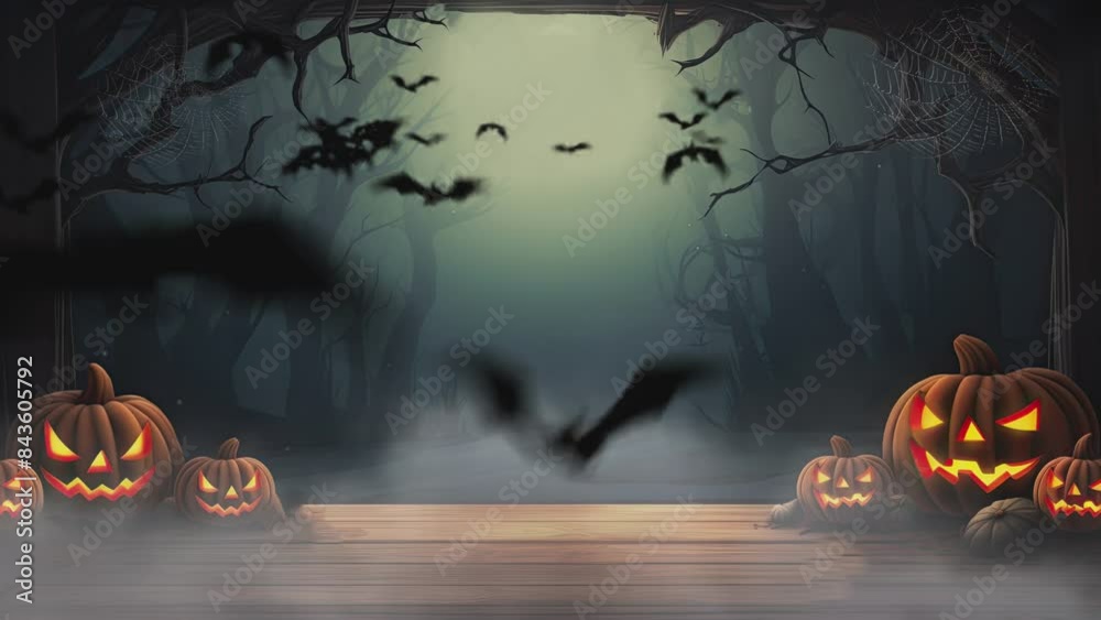 animated halloween night decorative with bat and moon background. Cartoon or anime watercolor painting illustration style.