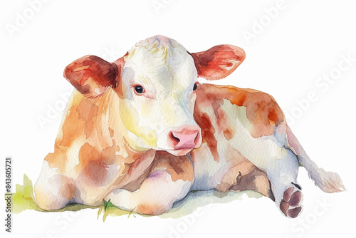 Watercolor vector baby cow on isolated white background