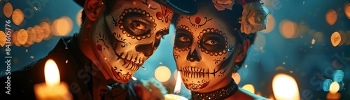 Couple with skeleton face paint holding candles, dressed in formal attire, dark and eerie atmosphere, Day of the Dead theme, Realistic, Low light 8K , high-resolution, ultra HD,up32K HD