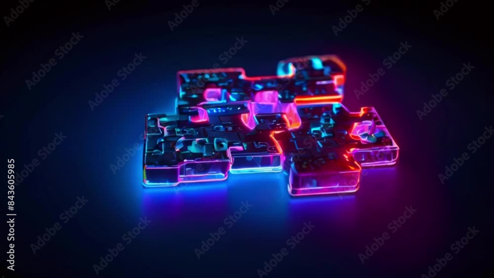 A glowing blue and pink puzzle piece on a black background.