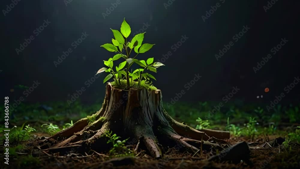 A tree stump with new growth sprouting from the top.