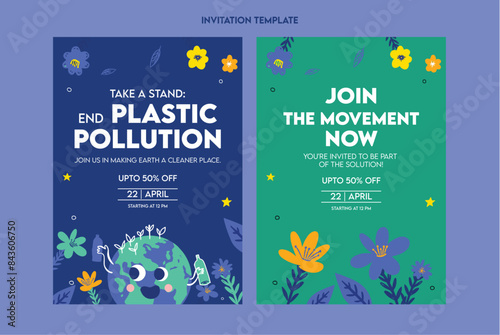 Plastic pollution awareness invitation template flat illustration